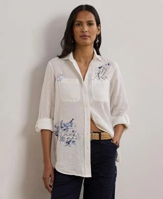 Lauren Ralph Lauren 100 Linen Womens Relaxed Fit Print Roll Tab Sleeve Shirt P Xs 3x
