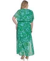 Jessica Howard Plus Printed Chiffon Flutter-Sleeve Maxi Dress