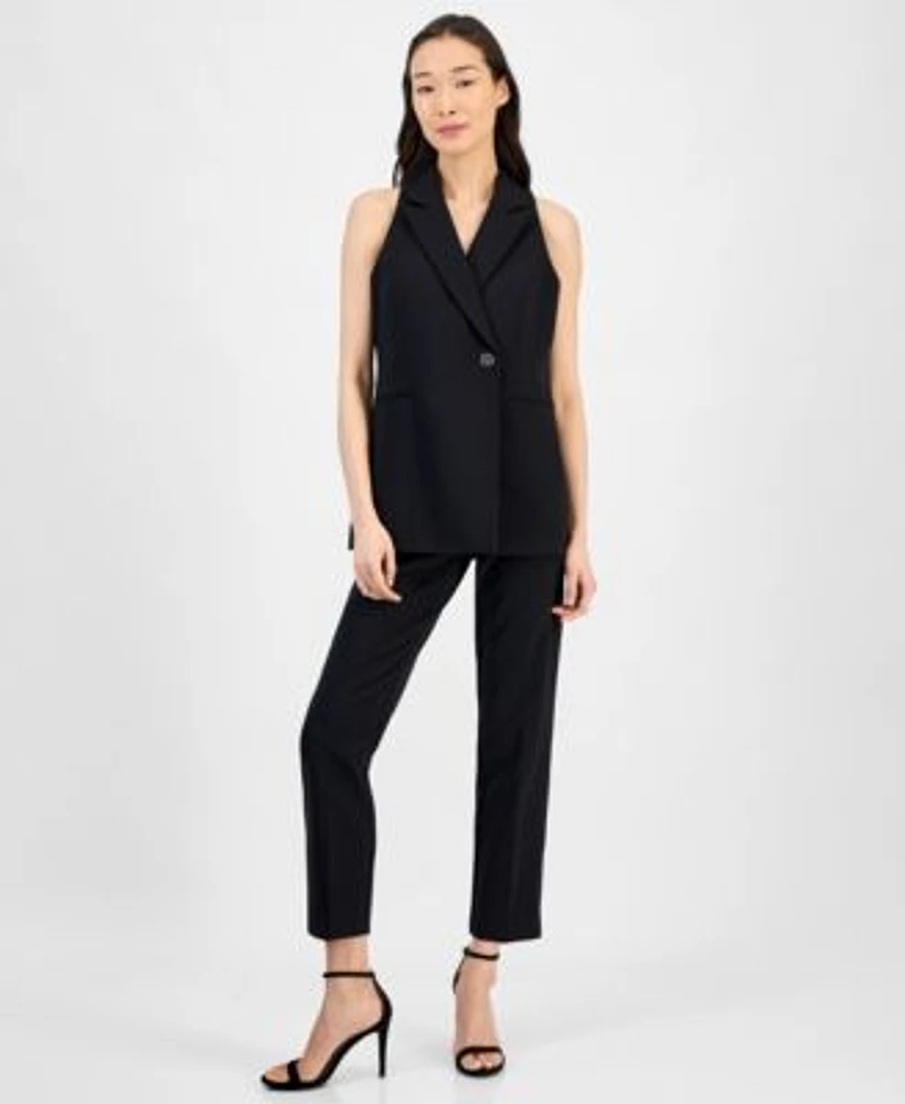Womens Sleeveless Notched Collar One Button Blazer Pull On Straight Leg Ankle Pants