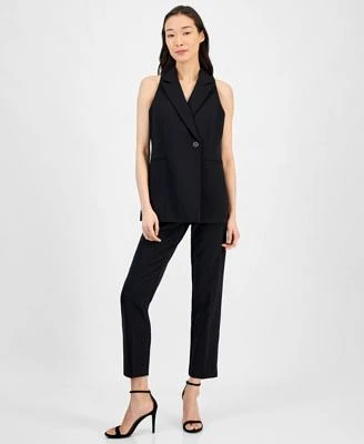 Womens Sleeveless Notched Collar One Button Blazer Pull On Straight Leg Ankle Pants