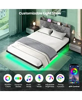Queen Size Floating Bed Frame with Led and Headboard and Charging Station-Queen Size