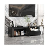 Tv stand with 2 drawers, 2 cabinet doors, retractable media console, black wood entertainment center