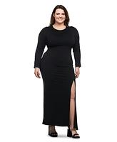 24seven Comfort Apparel Plus Long Sleeve Side Slit Fitted Maxi Dress