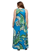 24seven Comfort Apparel Plus Size Print Scoop Neck A-Line Sleeveless Maxi Dress