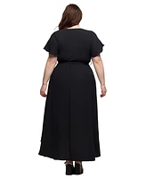 24seven Comfort Apparel Plus V-Neck Belted Faux Wrap High Low Dress