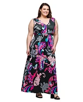 24seven Comfort Apparel Plus Print V-Neck Empire Waist Sleeveless Maxi Dress