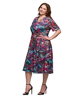 24seven Comfort Apparel Plus Print Short Sleeve Tie Waist Midi Dress