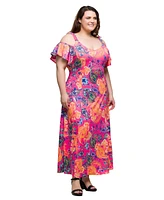 24seven Comfort Apparel Plus Cold Shoulder Ruffle Sleeve A-Line Maxi Dress