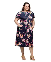 24seven Comfort Apparel Plus Short Sleeve Pleated Flare Midi Pocket Dress