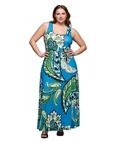 24seven Comfort Apparel Plus Size Print Scoop Neck A-Line Sleeveless Maxi Dress