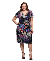 24seven Comfort Apparel Plus Knee Length Short Sleeve Faux Wrap Dress