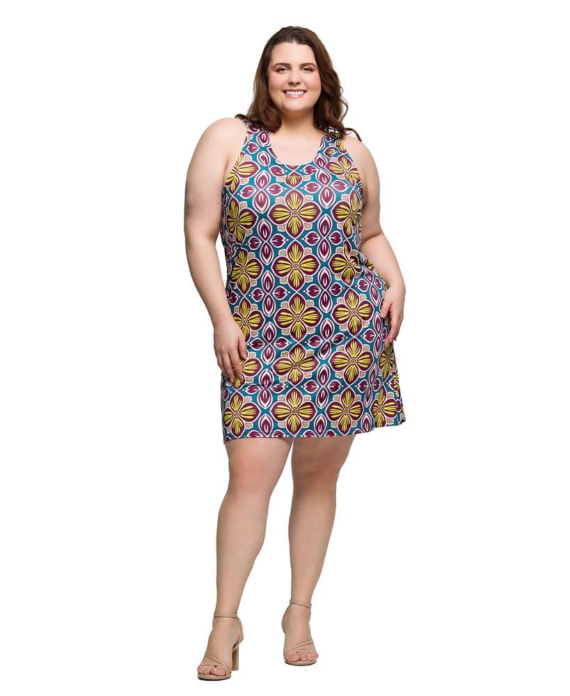 24seven Comfort Apparel Plus Print Sleeveless Knee Length Shift Dress