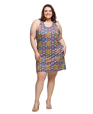 24seven Comfort Apparel Plus Print Sleeveless Knee Length Shift Dress