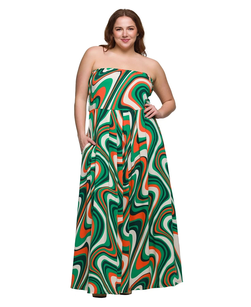 24seven Comfort Apparel Plus Size A-Line Strapless Maxi Dress with Pockets