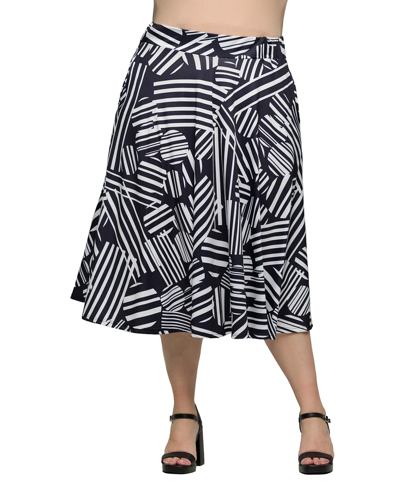 24seven Comfort Apparel Plus Print Elastic Waist Pocket Midi Skirt