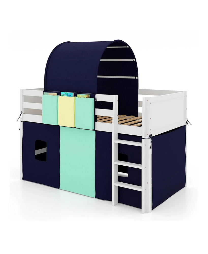 Twin Size Loft Bed Playhouse Bed Frame with Tower Tent and 3 Storage Pockets