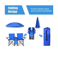 Foldable Camping Chair Outdoor Portable Picnic Double Chair with Umbrella Folding Beach Chair Backpacking Blue