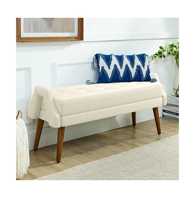 Modern Upholstered Bench with Looped Yarn Fabric, Soft Cushion, Geometric Armrests, and Rubber Wood Legs for Living Room, Bedroom, Entryway-The Po