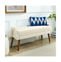 Modern Upholstered Bench with Looped Yarn Fabric, Soft Cushion, Geometric Armrests, and Rubber Wood Legs for Living Room, Bedroom, Entryway-The Po