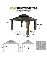 12x14 Ft Heavy-Duty Aluminum Hardtop Gazebo with Galvanized Steel Roof, Commercial-Grade Cedar Wood Outdoor Pavilion for Patio, Weddings