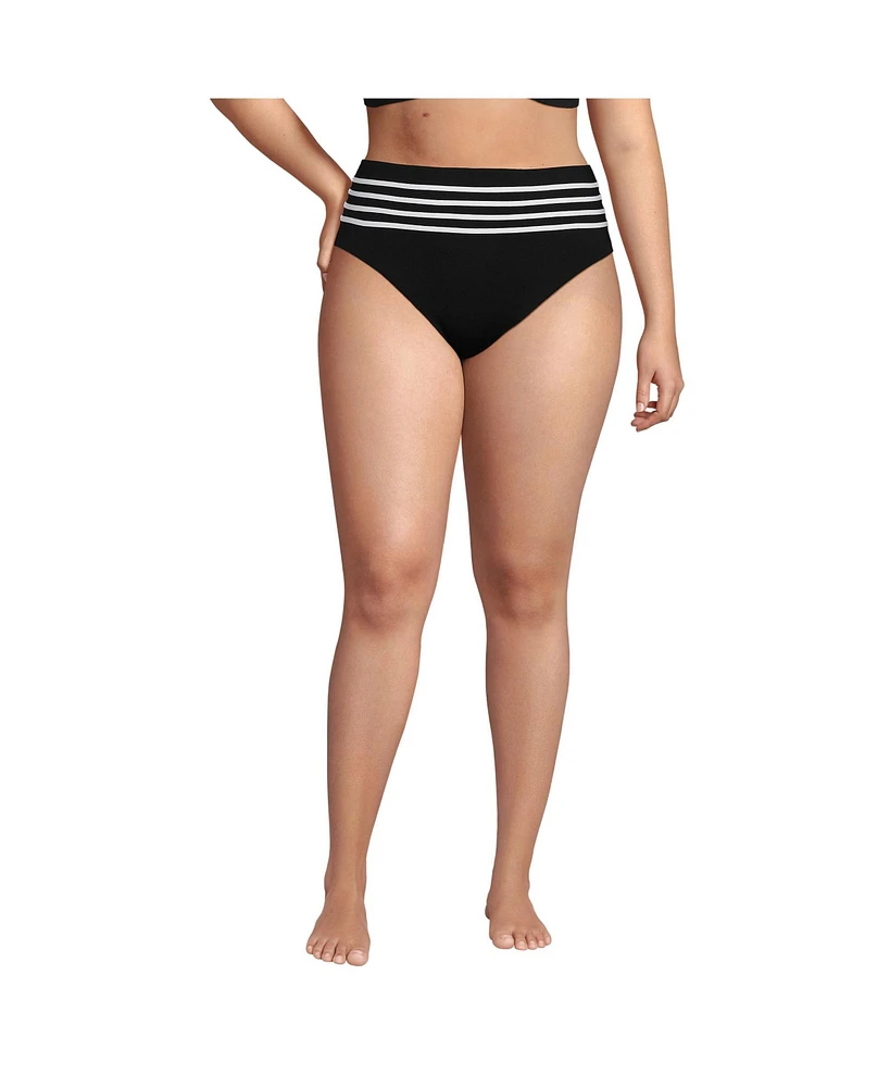 Lands' End Plus Smoothing High Waisted Bikini Bottom with Piping
