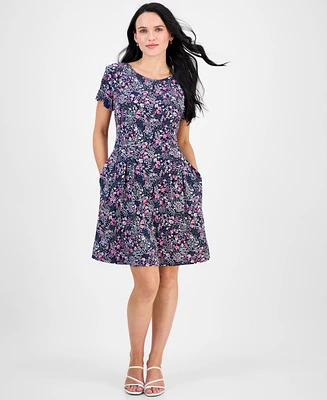 Connected Women's Printed Short-Sleeve Fit & Flare Dress