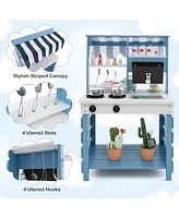 Double-Sided Wooden Play Kitchen with Stoves and Grocery Stand, Pretend Play Set