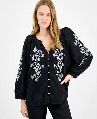 Style & Co Women's Cotton Gauze 3/4-Sleeve Embroidered Top, Exclusively at Macy's