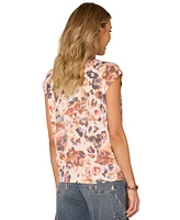 Democracy Petite Printed Cap-Sleeve Knot-Hem Top