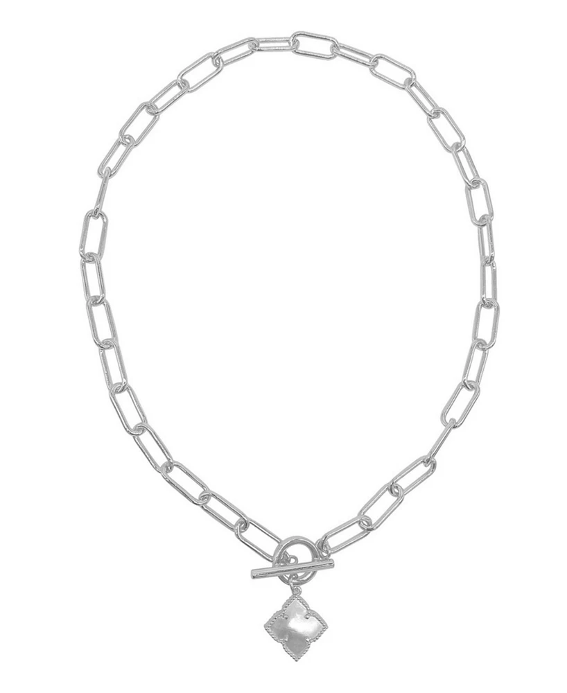Adornia Silver White Mother of Pearl Flower Paper Clip Chain Toggle Necklace