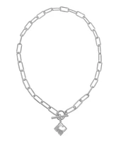 Adornia Silver White Mother of Pearl Flower Paper Clip Chain Toggle Necklace