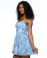 B Darlin Juniors' Printed Ruffle-Trim Scoop-Neck Mini Dress