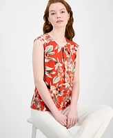 Kasper Women's Floral Pleated-Neck Cap-Sleeve Top