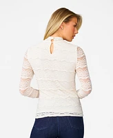 Cable & Gauge Women's Ruffle Lace Stretch Mock Neck Top