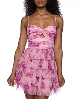 B Darlin Juniors' Printed Ruffle-Tiered Cut-Out Mini Dress