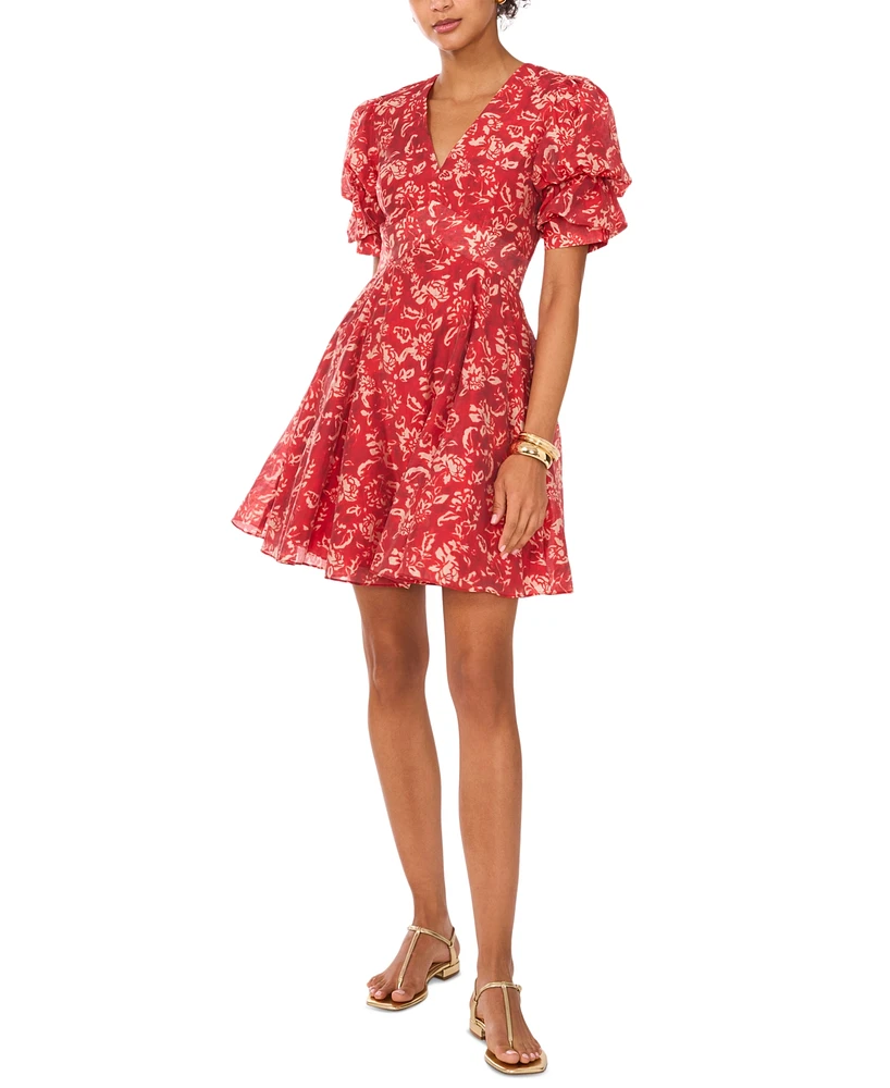 1.state Women's Printed V-Neck Bubble-Sleeve Dress