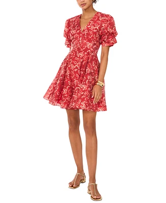 1.state Women's Printed V-Neck Bubble-Sleeve Dress