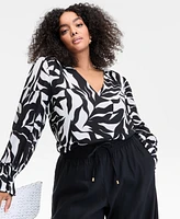 I.n.c. International Concepts Plus Leaf-Print Bell-Sleeve Top, Exclusively at Macy's