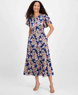 julia jordan Women's Printed Tiered-Short-Sleeve Dress