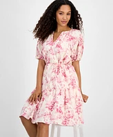 julia jordan Women's Printed Short-Bubble-Sleeve Tie-Waist Dress