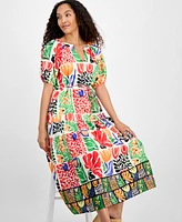julia jordan Women's Printed V-Neck Puff-Sleeve Midi Dress