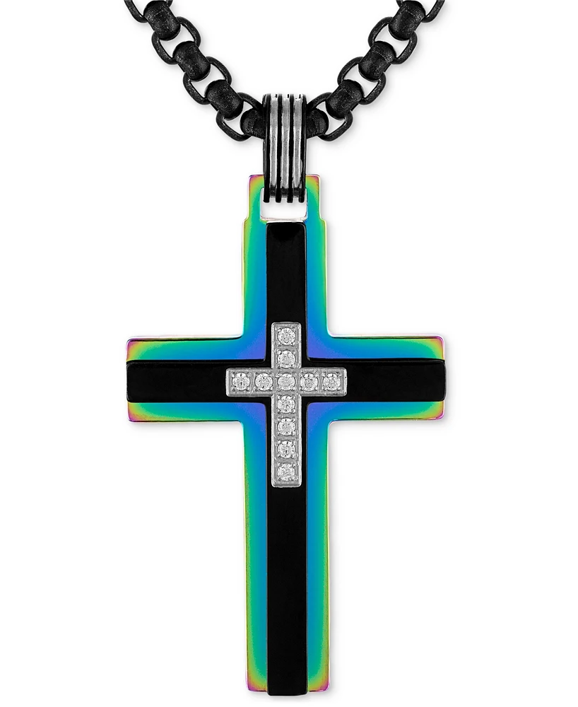 Esquire Men's Jewelry Diamond Rainbow Cross 22" Pendant Necklace (1/10 ct. t.w.) in Black & Rainbow Anodized Ion-Plated Stainless Steel, Exclusively a