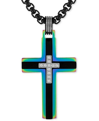 Esquire Men's Jewelry Diamond Rainbow Cross 22" Pendant Necklace (1/10 ct. t.w.) in Black & Rainbow Anodized Ion-Plated Stainless Steel, Exclusively a