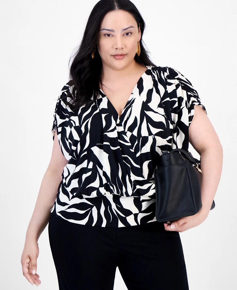 INC Plus Printed Ruched Surplice-Neck Top, Exclusively at Macy's