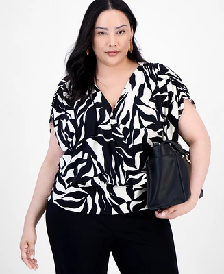 INC Plus Printed Ruched Surplice-Neck Top, Exclusively at Macy's