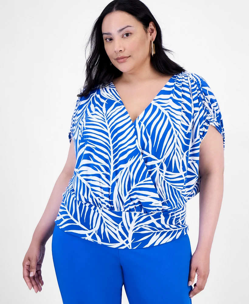 I.n.c. International Concepts Plus Printed Surplice Short-Sleeve Top, Exclusively at Macy's