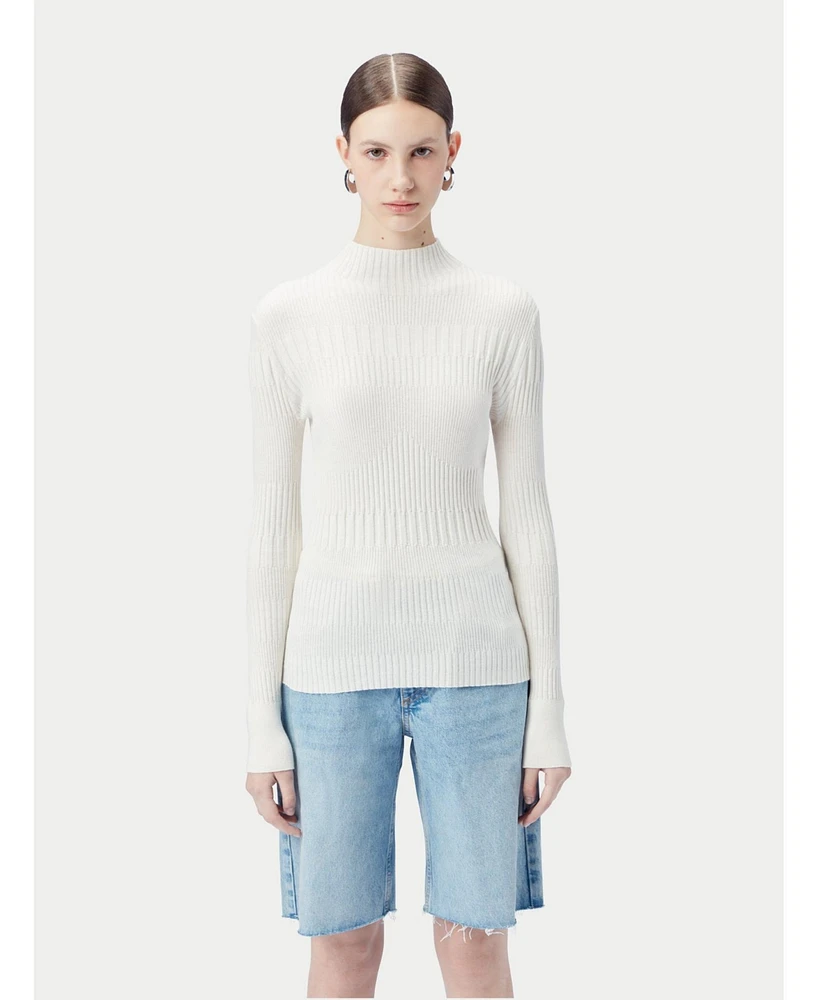 Gobi Cashmere Women's High-neck Ribbed Cotton Silk Cashmere Blend Sweater