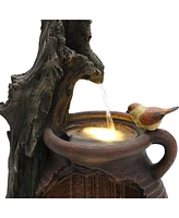 LuxenHome Rain Barrel with Tree and Birds 2.5-Feet Tall Outdoor Polyresin Fountains with Light