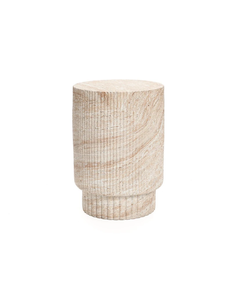 LuxenHome Travertine-Style Round Ribbed MgO Side Table