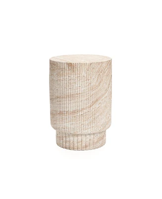 LuxenHome Travertine-Style Round Ribbed MgO Side Table